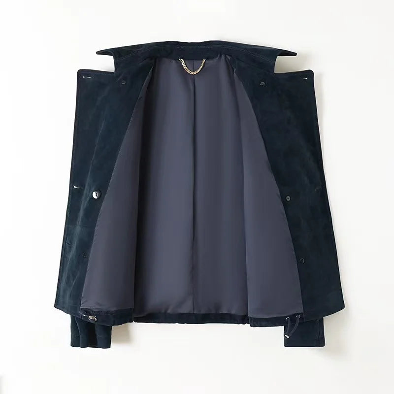 Kid Suede Leather Jacket for Women Branded New 2025 Old Money Double Breasted Short  Jacket Femme Big Lapel Epaulet Trench Coat