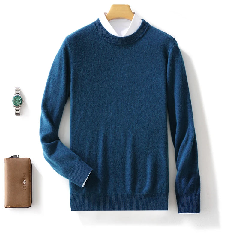 Fall/Winter New Cashmere Sweater Men's 100% Pure Wool Thick Crewneck Sweater Casual Knitted Bottom Shirt