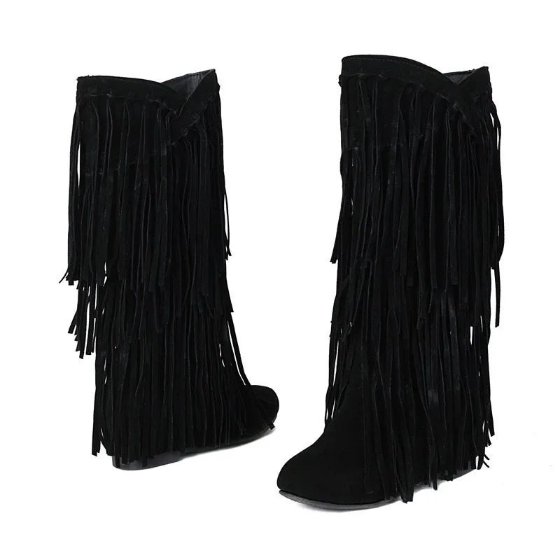 Boots 2025 autumn/winter women's boots casual fringe boots college style flat bottomed high top boots women's shoes