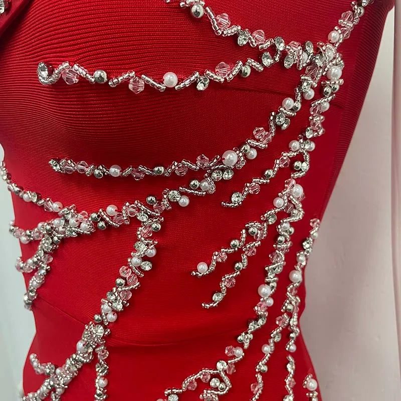 Black Dresses Woman Elegant One Shoulder Shining Rhinestones Bodycon Red Bandage Long Dresses Party Cocktail Dress Evening Dress
