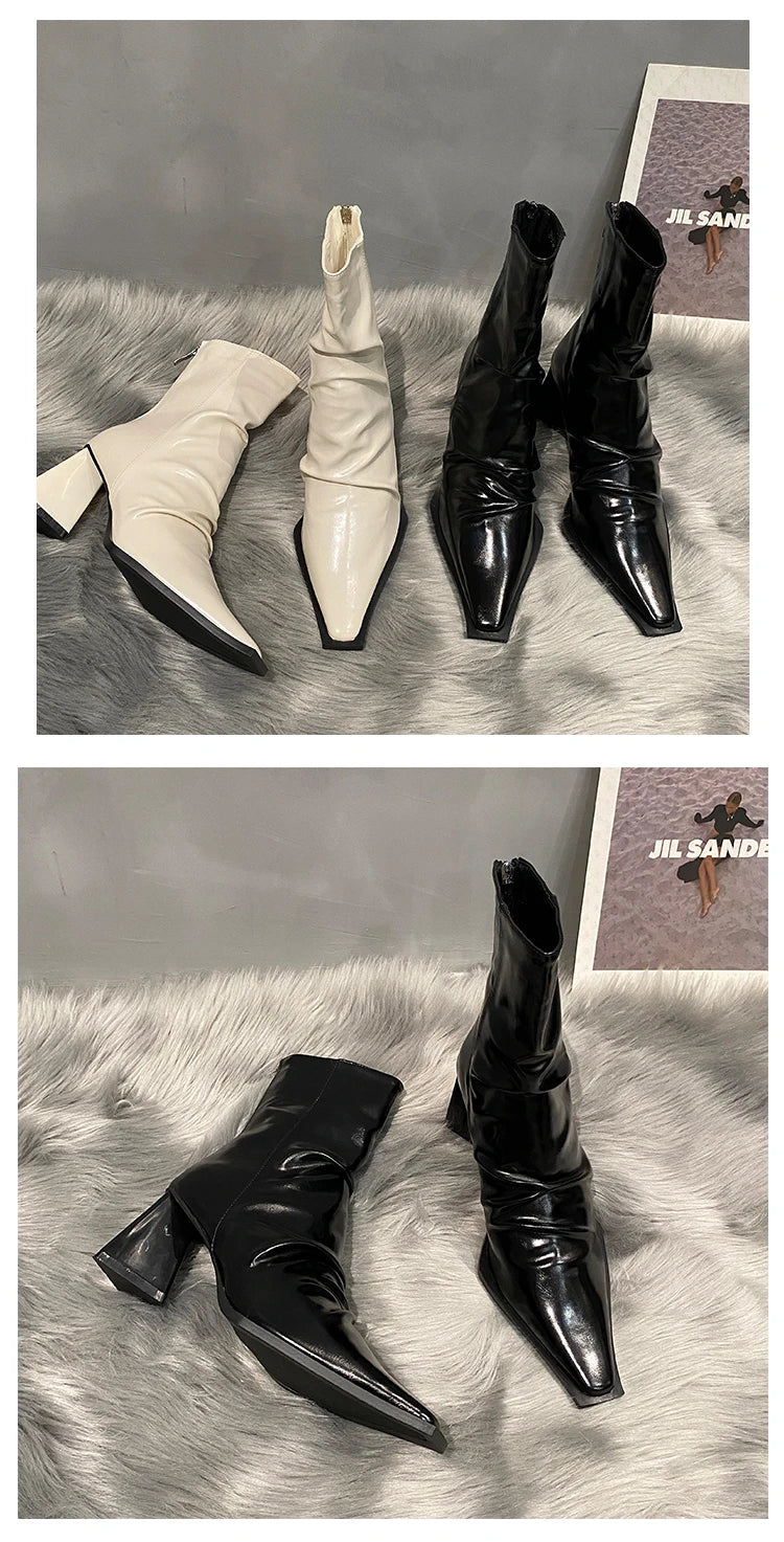 Horse Boots Female Ins Pointed Pink Skinny Boots 2023 Winter New Patent Leather Thick with Fashion High Heel Short Boots