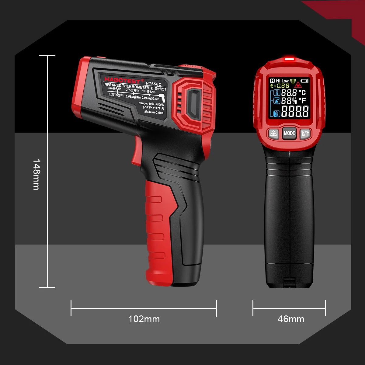 HABOTEST HT650 Digital Infrared Thermometer-50~380/550/800 Laser Non-Contact Pizza BBQ Grill Engine Industry IR Thermometer Gun
