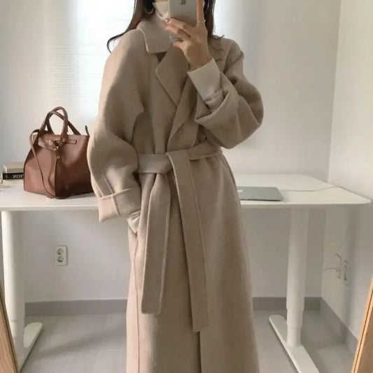 Ele Woolen Coat Women's 2025 Autumn Winter Mid Length Adjustable Waist Thick Casual Long Sve Fashion Wool Coats