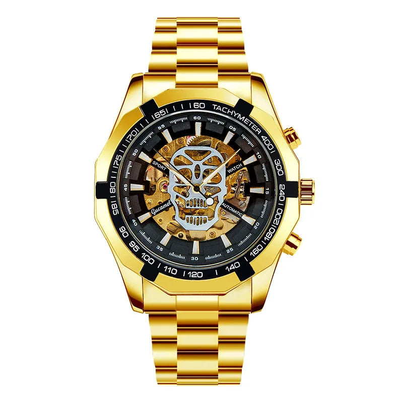 Automatic mechanical watch, fashionable hollow gold automatic mechanical watch, hot-selling business skull watch