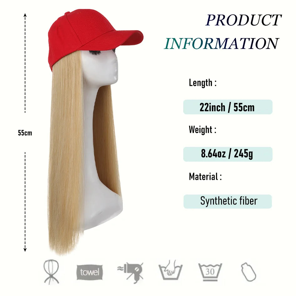 Hat Wigs-synthetic 22inch red baseball cap straight hair wig ducktail long straight hair wig hat extensions wigs christmas hat
