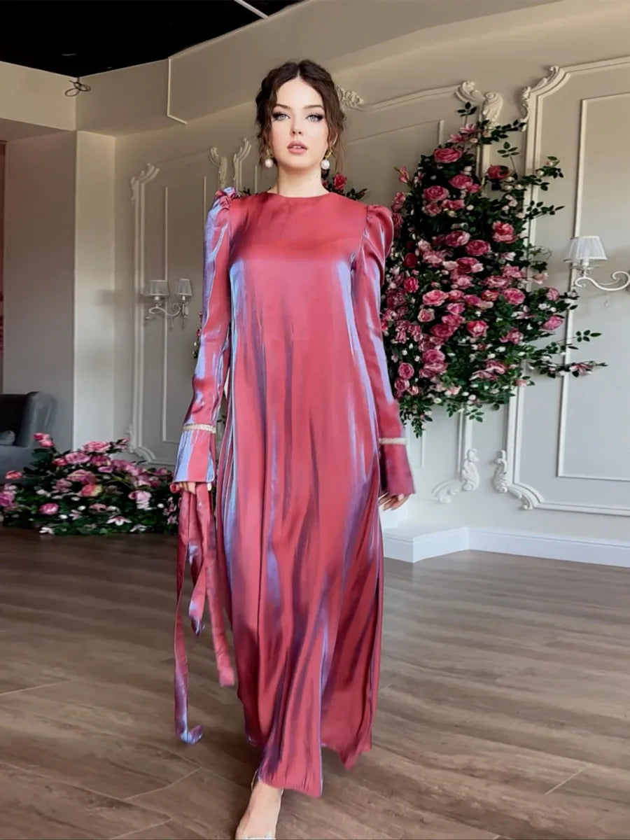 Eid Muslim Silky Satin Dress for Women Abaya Morocco Party Dresses Ramadan Lace-up Kaftan Saudi Islam Elegant Vestidos Long Robe