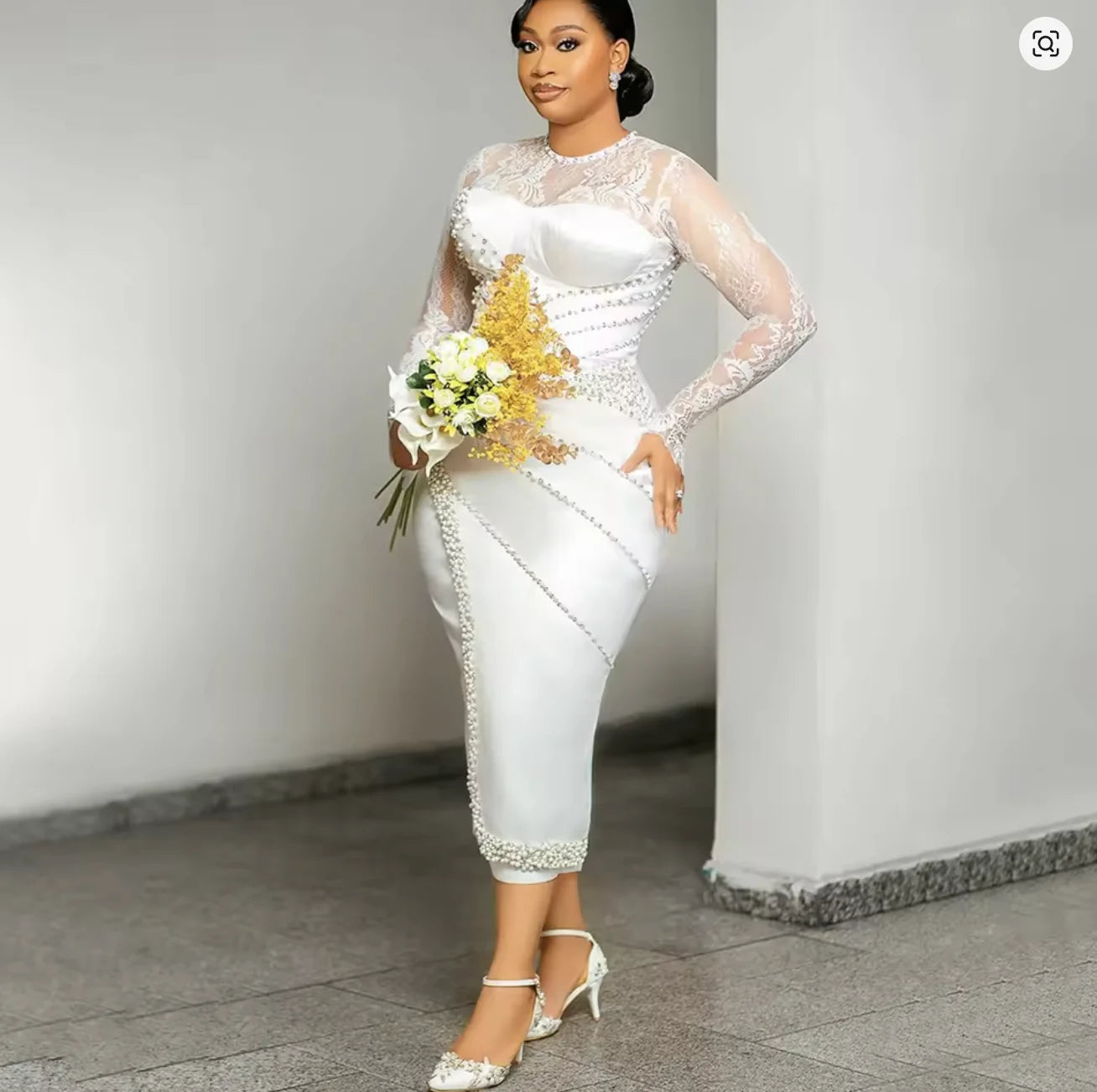 Short Wedding Dress O-Neck Lace and Pearl Beaded Tea-Length Bridal Customized Long Sleeves Marriage Satin Gowns