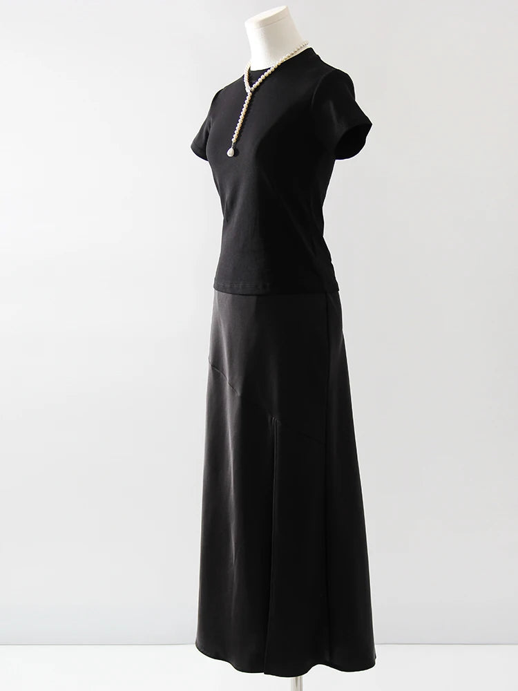 Summer Satin Skirts For Woman Office Maxi A Line Black Silk Skirts With Slit Lady High Waist Women Patchwork Skirt Long Elegant
