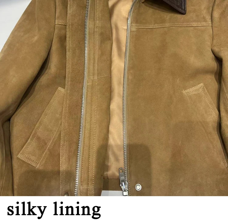 European Imported Suede Jacket Women 2025 Autumn Winter Branded New Contrasting Leather Coat Navy Blue Short Locomotive Casacos