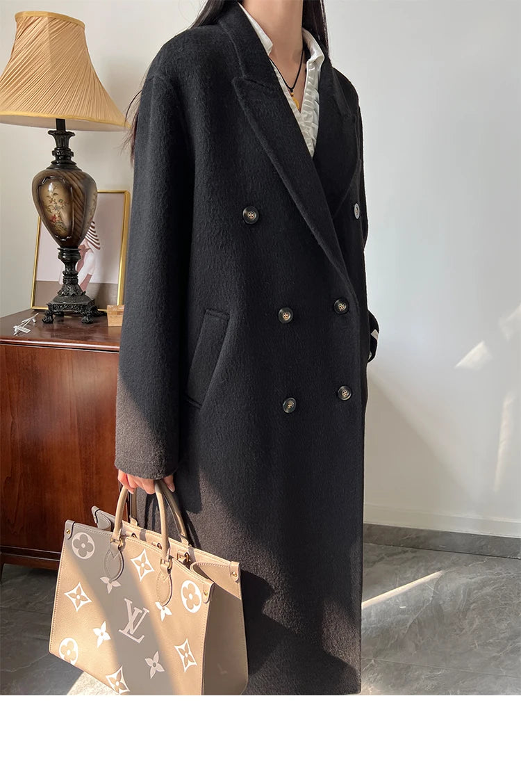 Office Lady Woolen Jackets 2024 Autumn And Winter Suit Collar Double Breasted Warmer Yak Hair Loose Long Women's Wool Coats