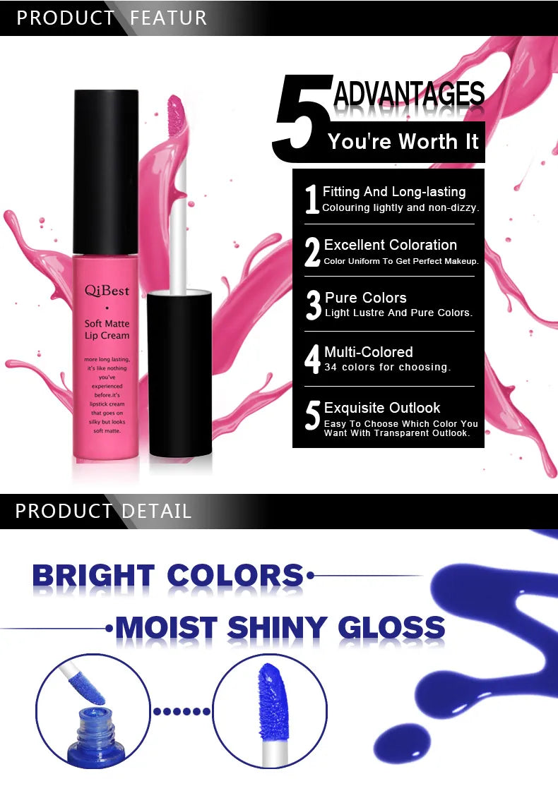 QIBEST Sexy Velvet Matte Lip Gloss Liquid Lipstick Lipgloss Beauty Red Nude Waterproof Long-lasting Lip Stain Makeup For Women