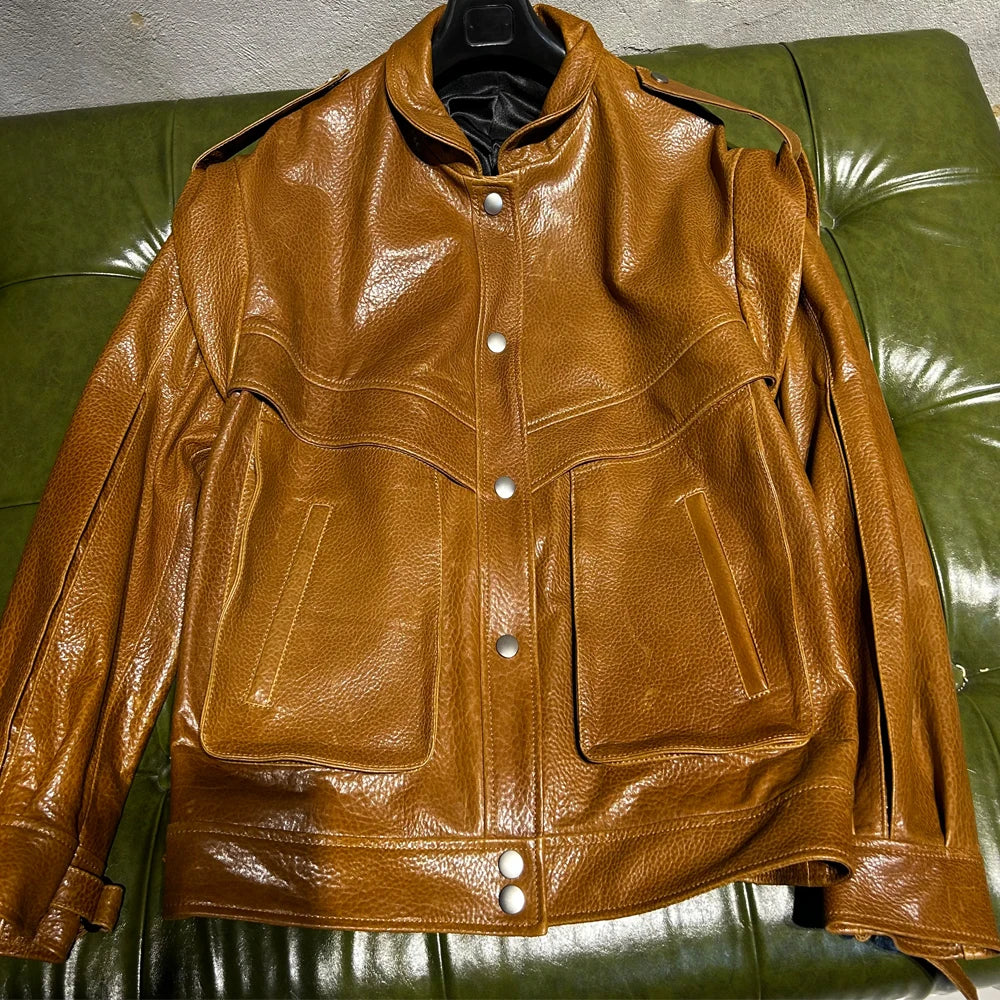 Oversized Brown Grained Letaher Jackets Women Genuine Jacket Sheep Leather Autumn Bomber Leather Jackets