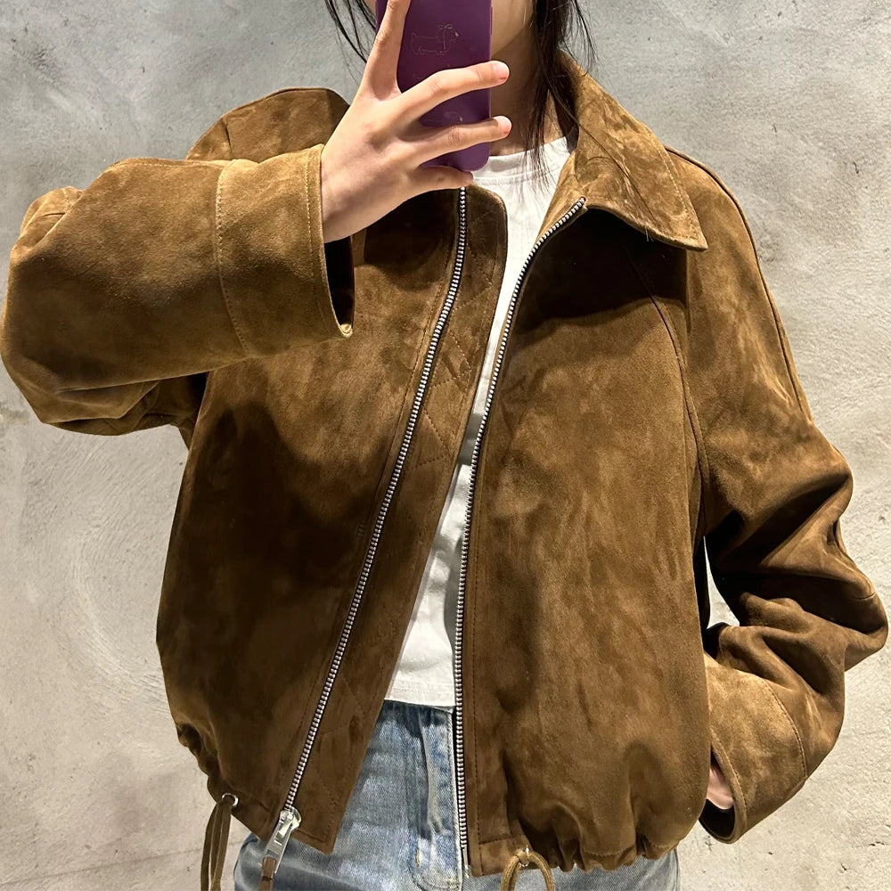 Women's Vintage Suede Jackets Real Sheep Suede Jacket Long Sleeves 2025 Autumn Outerwear