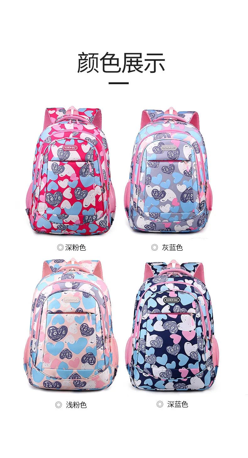 Student Boys And Girls School Bags Love Heart Printed Student Shoulder School Bags 1-6 Grade Light Weight Double  Shoulder Bags