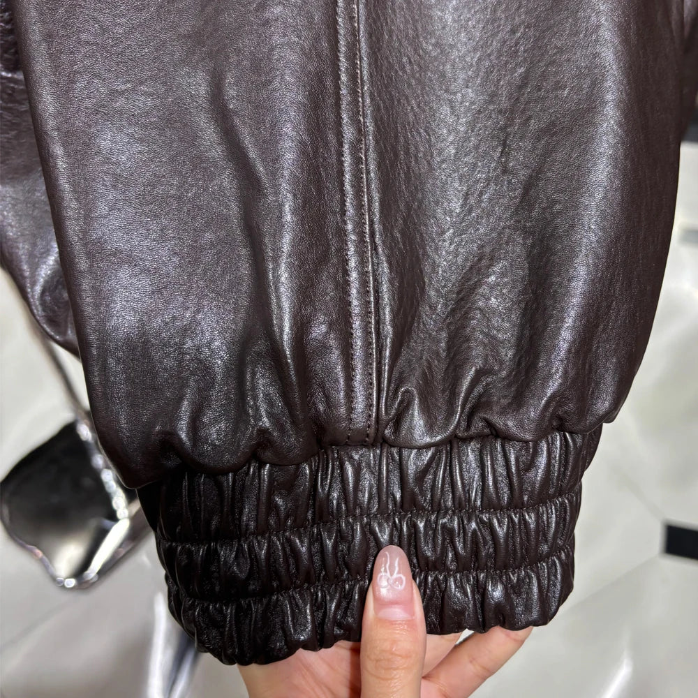 2025 Black Grained Leather Jacket Oversized Leather Coat Stand Collar Real Sheepskin Coat