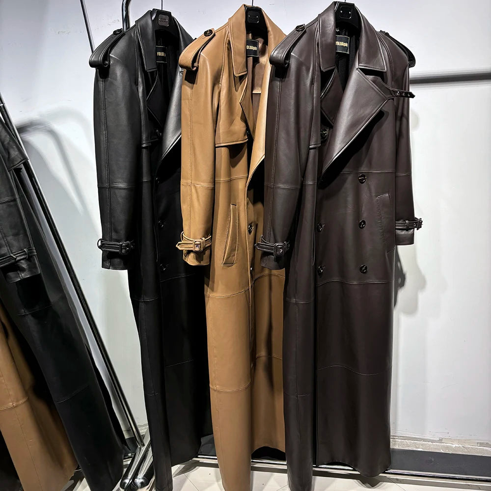YOLOAgain 150cm Extra Length Real Leather Trench Coat Women Double Breasted Suede Coat Female