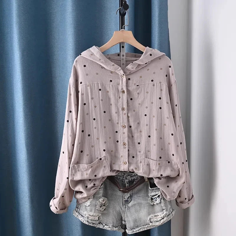 2025 Middle-aged women's clothing 100% cotton yarn hoodies polka dot print shirts long sleeve blouses for women hooded tops
