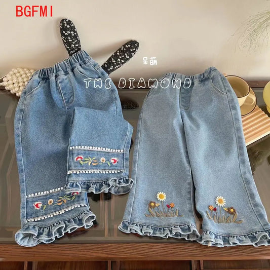 Korean Embroidered Jeans for Girls Spring and Autumn Fashion Style Trumpet Pants Children Clothing Stylish Kids Denim Trousers