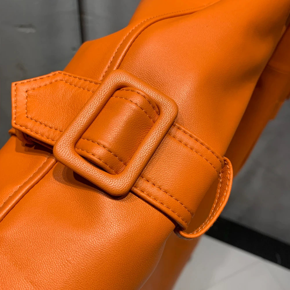 Leather Coat Orange Long Ladies Real Sheepskin Coat Genuine Sheep Leather Windbreak Long 21018