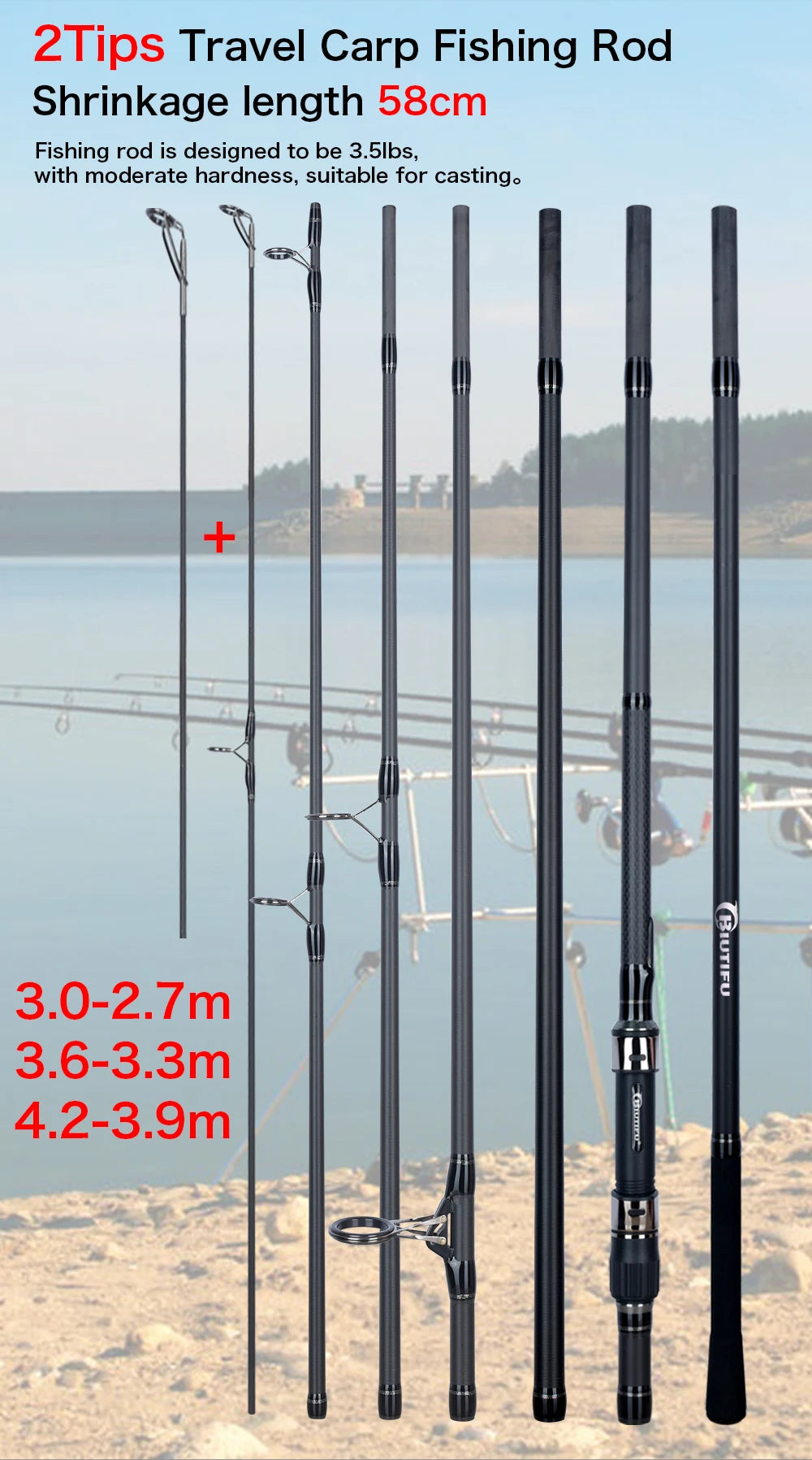 BIUTIFU 2Tips Carp Fishing Rod 3.5lb 7Sections 4.2/3.6/3.0m 30t Carbon Fiber Travel Throwing 60-150m Shore Casting Spinning Pole