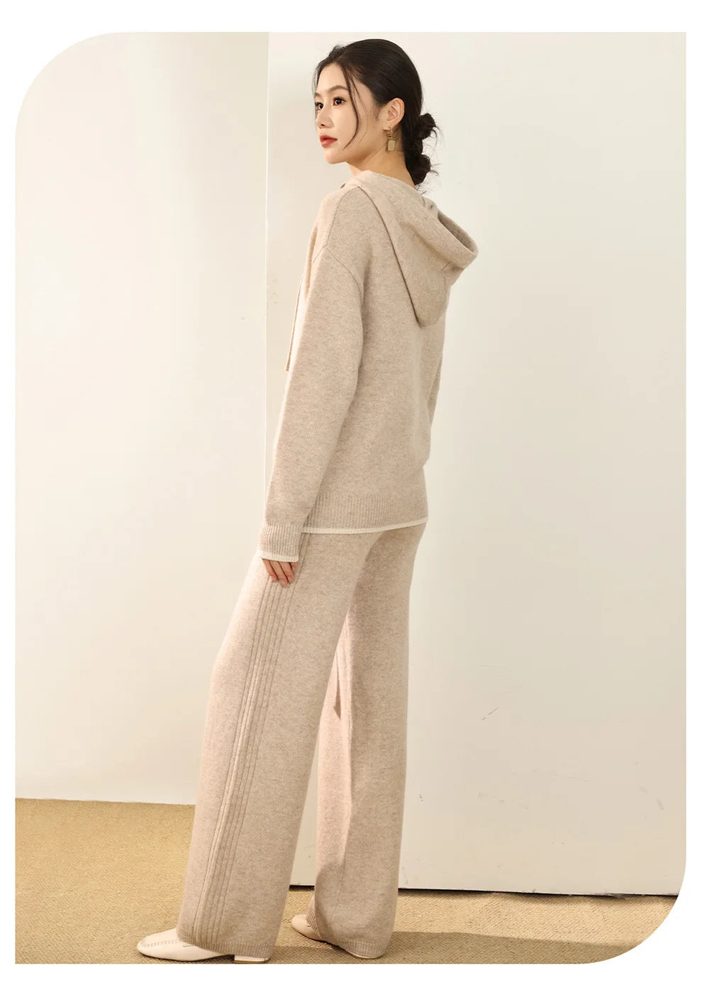 Autumn And Winter New 100 Pure Wool Suit Women Hooded Sweater Wide-Leg Pants Casual Knitting Two-Piece Suit