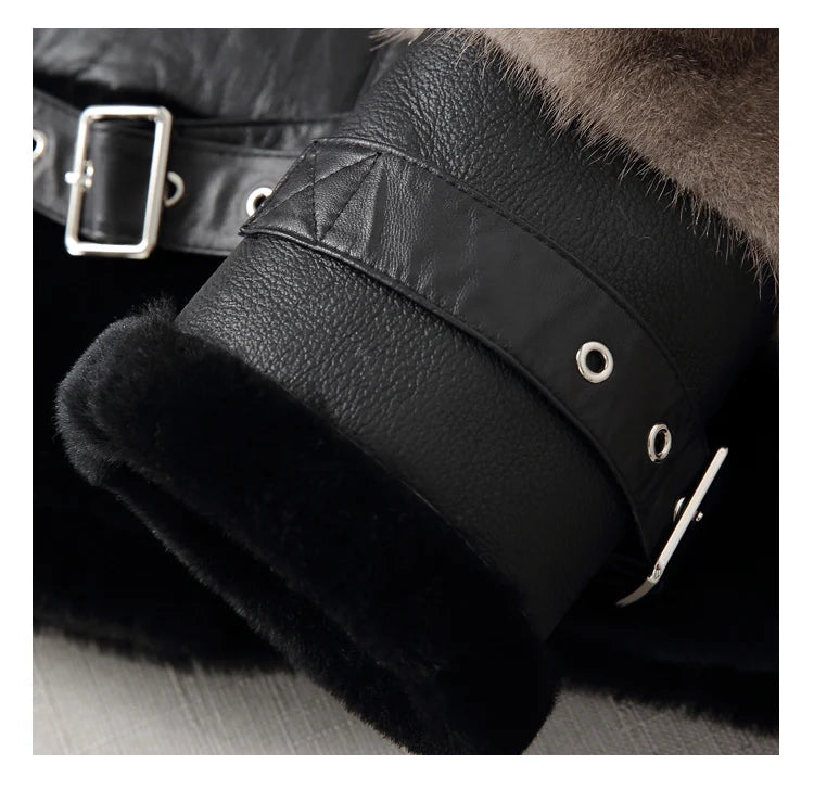 Sheepskin Coat For Women Winter Merino Fur Real Sheep Fur Jacket With Real Mink Fur Sleeve Motorcyle Female Winter Clothings