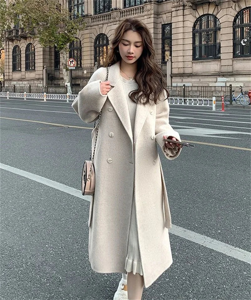 100% Wool Coat Women's Wear 2024 Autumn/Winter Fashion Temperament Double sided Cashmere Coats with Belt Elegant Long Overcoat