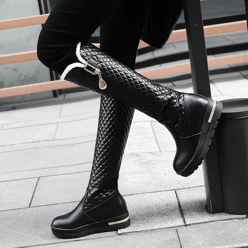 Raised Checkerboard With Metal Square Buckle Warmth Plush Lining Women's Snow Boots Flat Bottoms Elevated Knee Length Boots