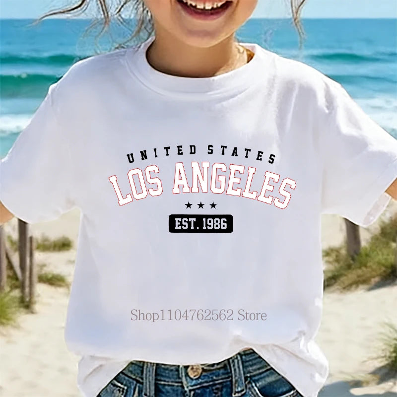 Summer Children Casual Fashion T-shirts Los Angeles Graphic Print Colorful Tops Girls Boys O-Neck Loose Short Sleeve Kids Tees