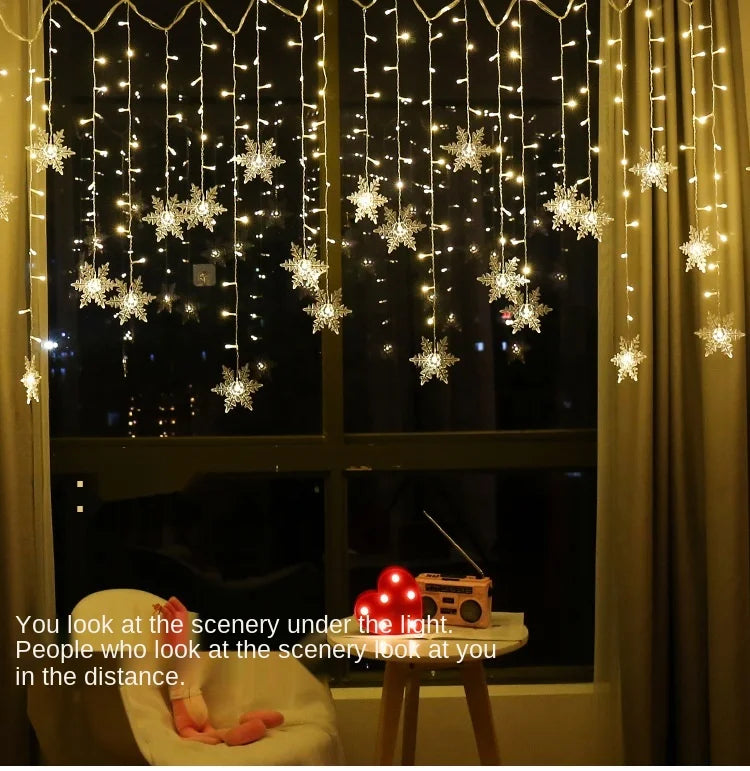 3.2M Christmas Snowflake Curtain Lights - LED Flashing Fairy String Lights, Waterproof for Holiday Party Wedding Xmas Tree Decor