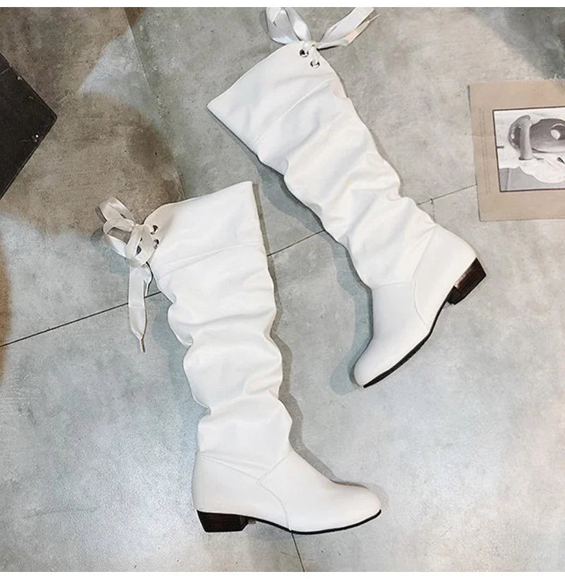 Shoes For Women  Knee High Boots Red Black White Tall Boots Woman Pleated Low Heel Casual Leather Female Long Shoes
