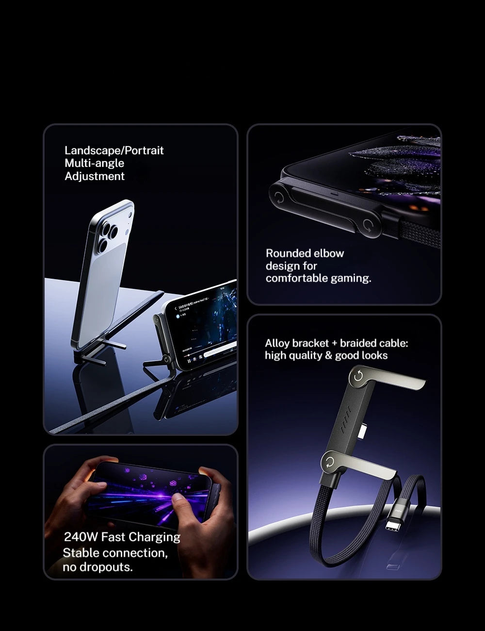 240W Stand Charging Cable, 2-in-1 with Phone Holder for Gaming/Videos, Compatible with iPhone 15-17 & Huawei
