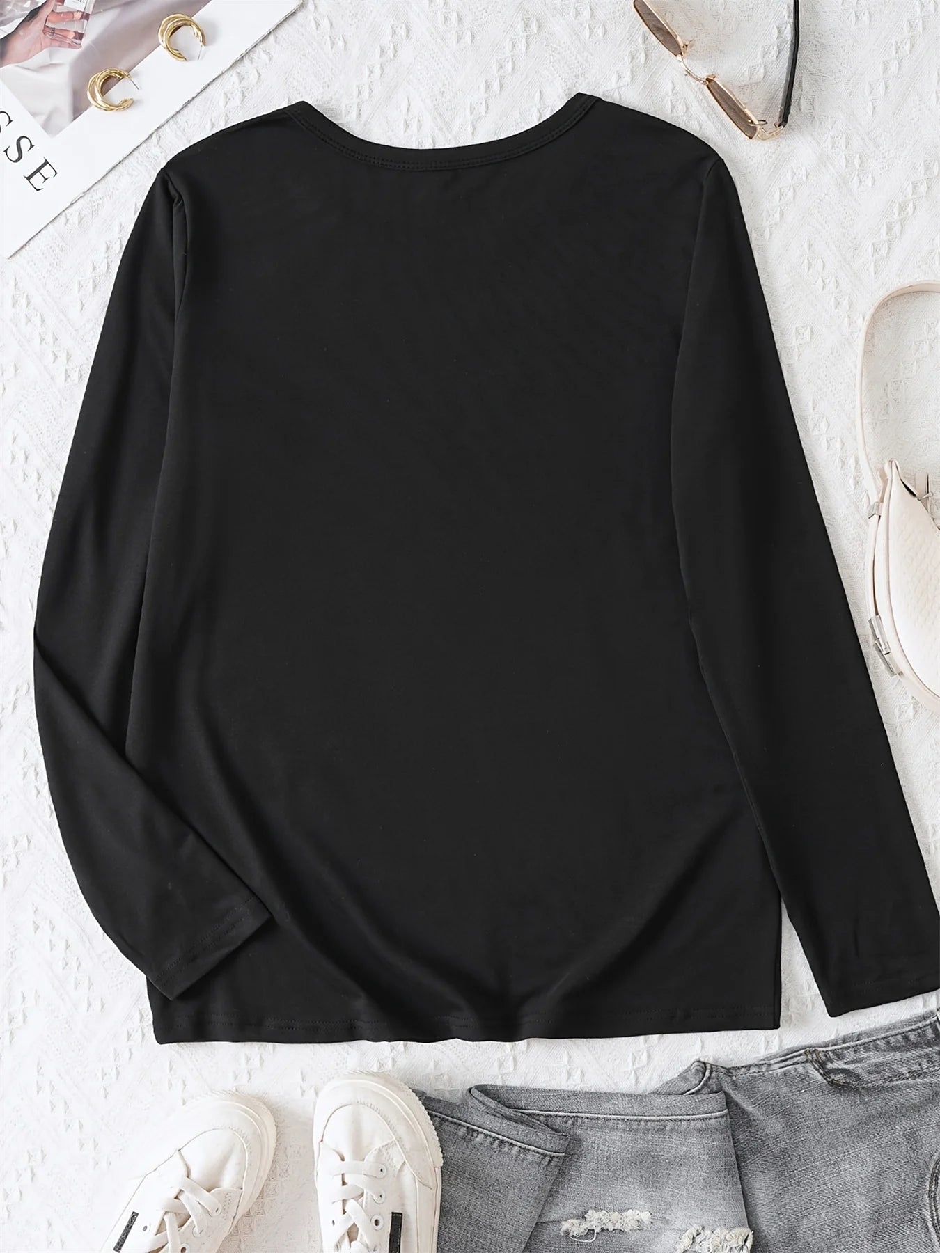 100% pure cotton women's spring and autumn casual long sleeved shirt with heart gesture graphic print round neck T-shirt