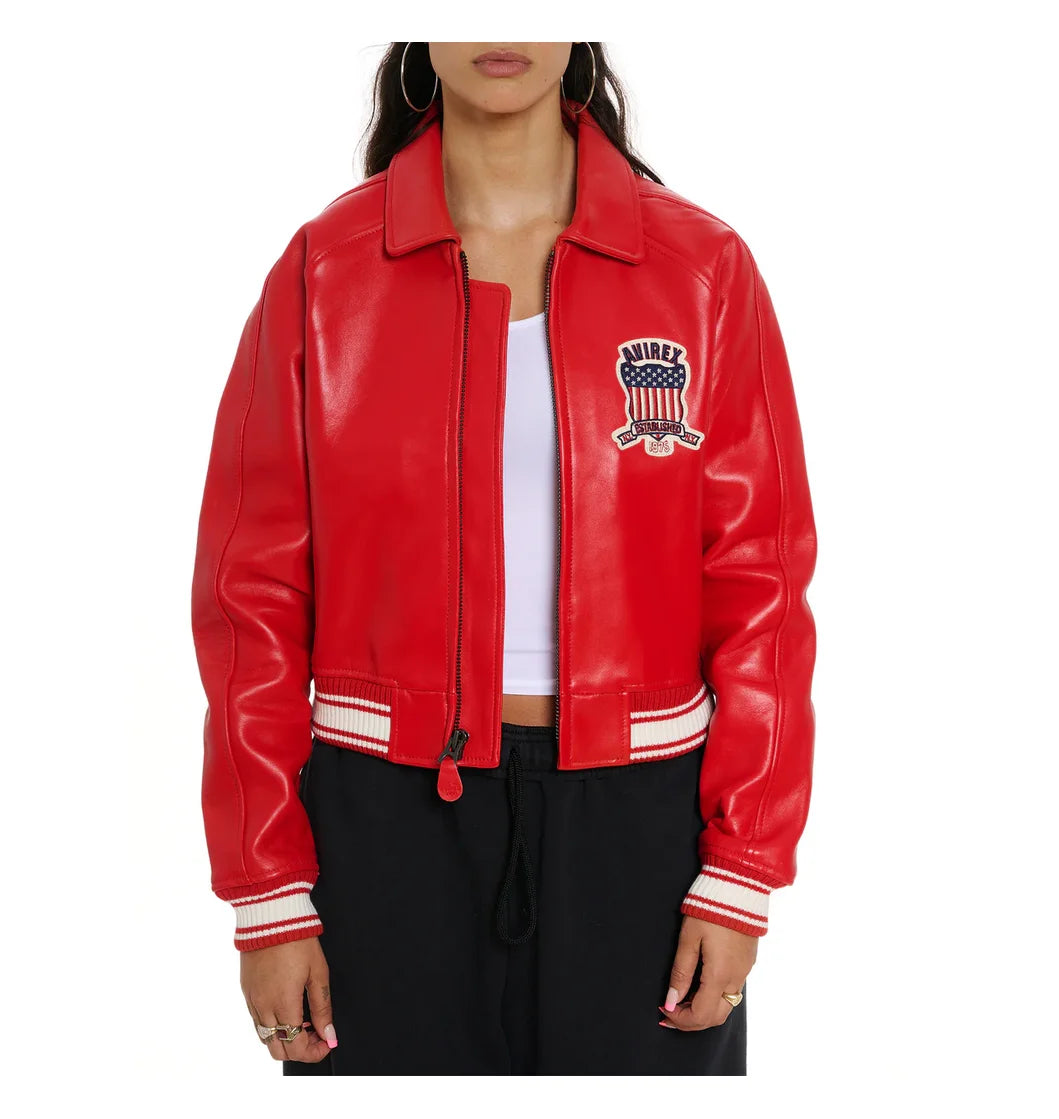 Avirex Spring 2024 New Listing Bomber Flight Suit Jacket 100% European Antique Sheepskin Classic Women's Pink Leather coat tops