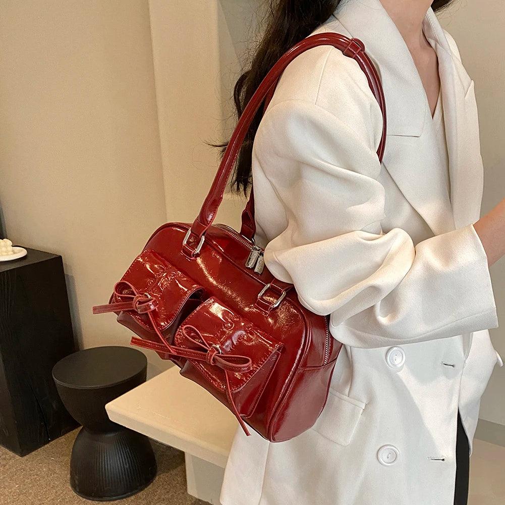 Women Trendy Handbags Double Pockets PU Leather Fashion Shoulder Bag with Bow Stylish Underarm Bag Solid Color for Outdoor Party