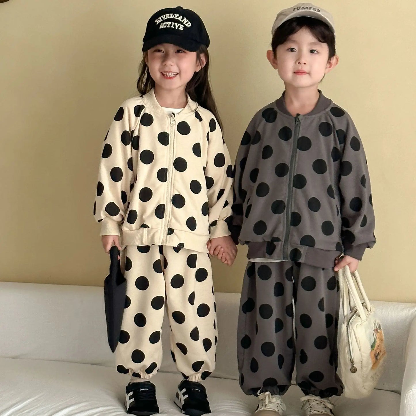 2025 Autumn New Children Long Sleeve Clothes Set Boys Girls Zipper Coat + Sweat Pants 2pcs Suit Kids Casual Polka Dot Outfits
