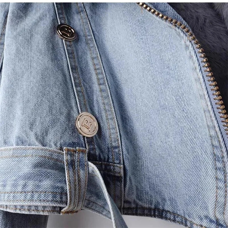 Winter Denim Jacket With Women's Fleece Warm Cowboy Coat New Detachable Imitation Fox Rabbit Fur Inner liner Short Denim Jacket