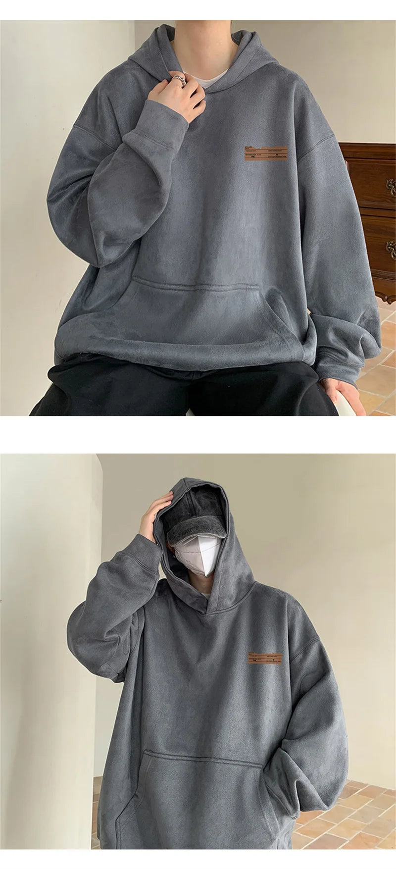 2026 New Suede Hooded Sweatshirts For Men Autumn Y2K Streetwear Printed Hoodies Hip Hop Fashion Retro Fleece Hoody Clothes
