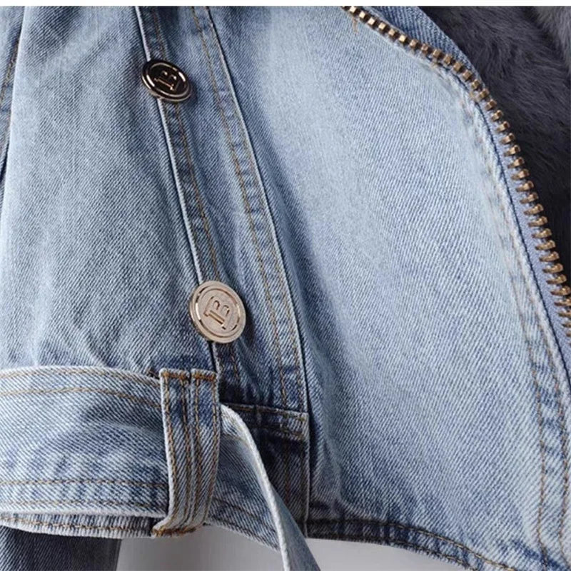 Winter Denim Jacket With Women's Fleece Warm Cowboy Coat New Detachable Imitation Fox Rabbit Fur Inner liner Short Denim Jacket
