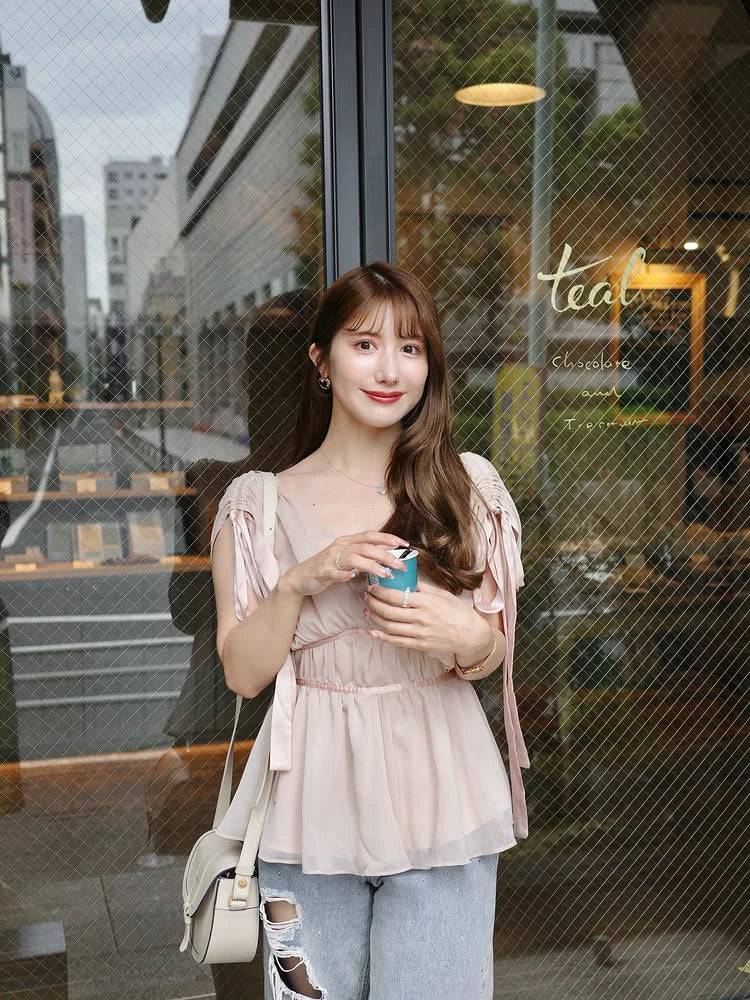 Women's Tops Summer Bow Tie Sweet Elegant Blouse Femme V Neck Shirt Waist-Cinching Japanese Style Sleeveless Chiffon Blouse