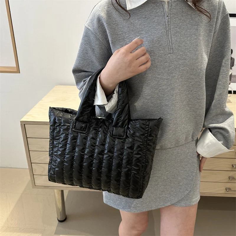 Ladies Tote Bags Large Capacity Cotton Padded Bag Solid Color Casual Fashion Nylon Elegant for Handbag