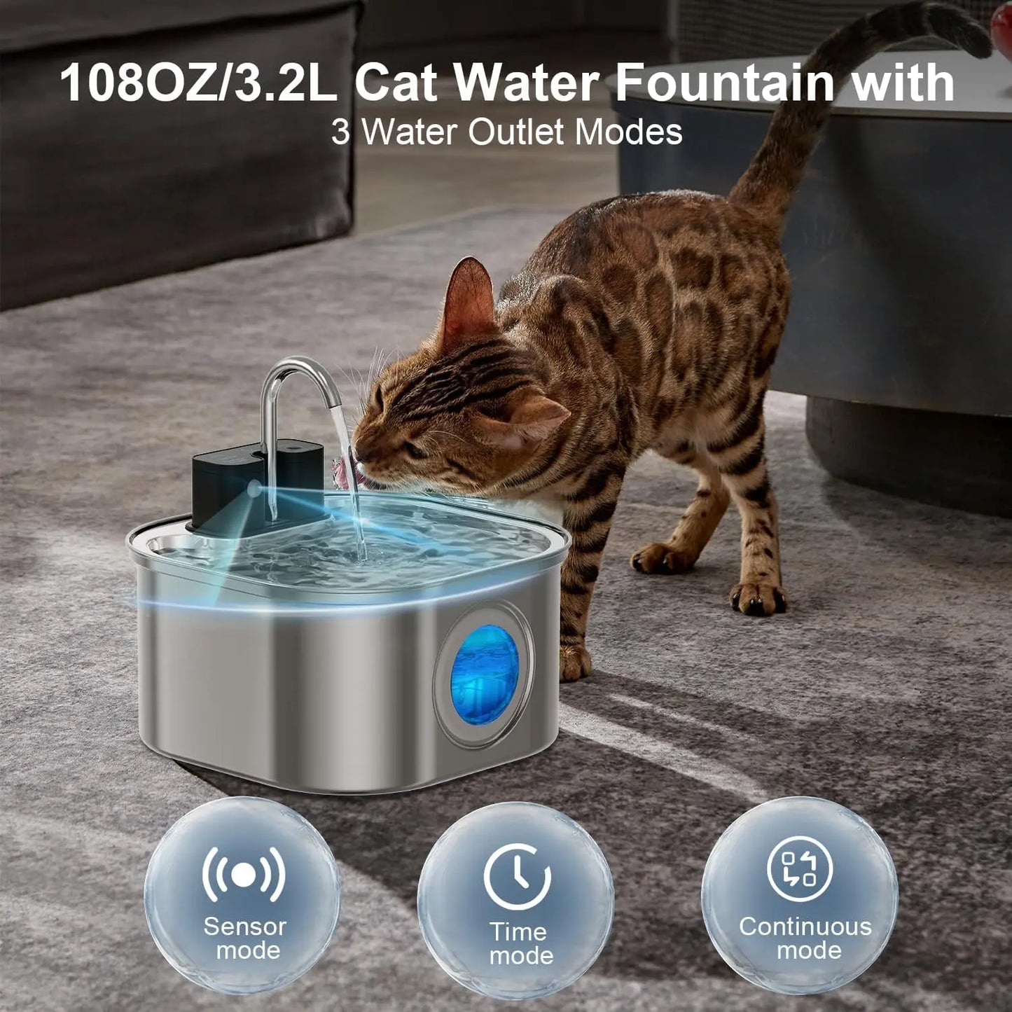 108oz/ 3.2L Wireless Cat Water Fountain Stainless Steel Battery Operated 4000mah Rechargeable & Faucet Pet Water Fountain