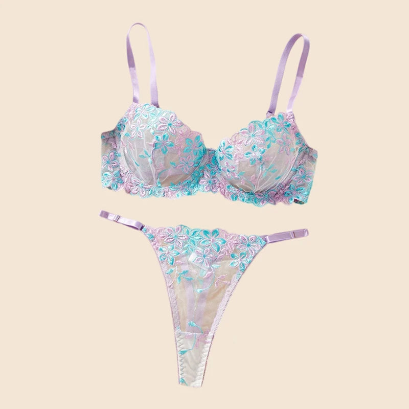 Woman Lingerie Set Floral Embroidery Erotic Underwear Translucent Beautiful Mesh Bra Kit Daring Lingerie Romantic Sexy Lingerie