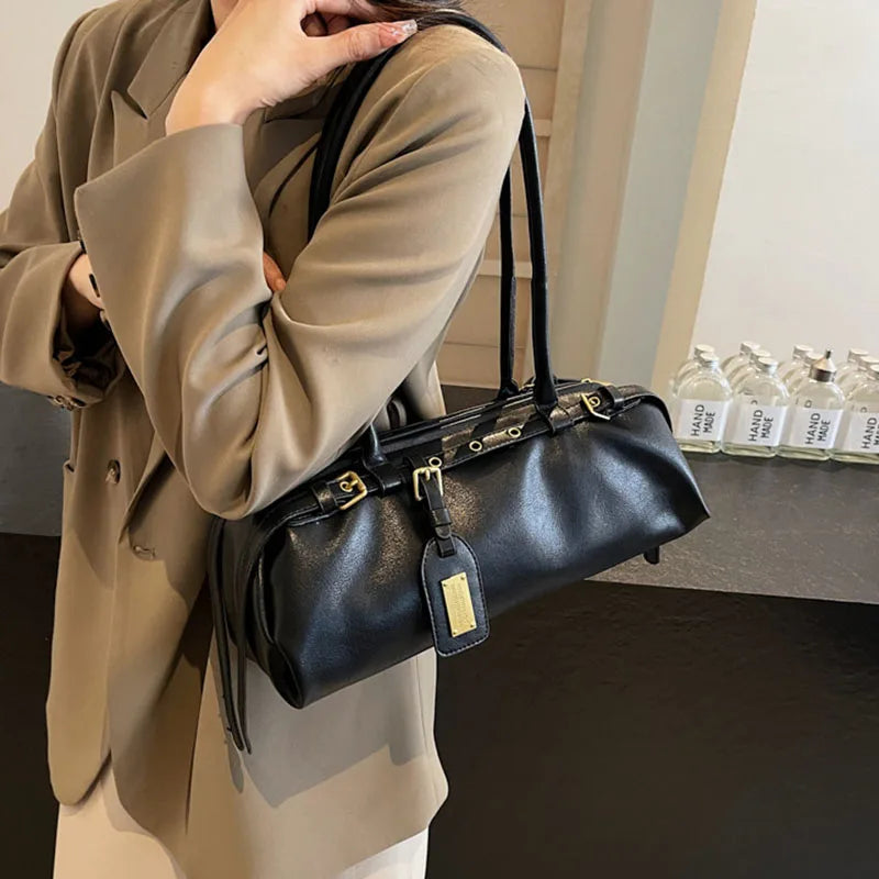 Ladies Vintage Bag Fashion Retro Large Capacity Tote Bag Motorcycle Bag Pu Shoulder Bag Handbag Brown
