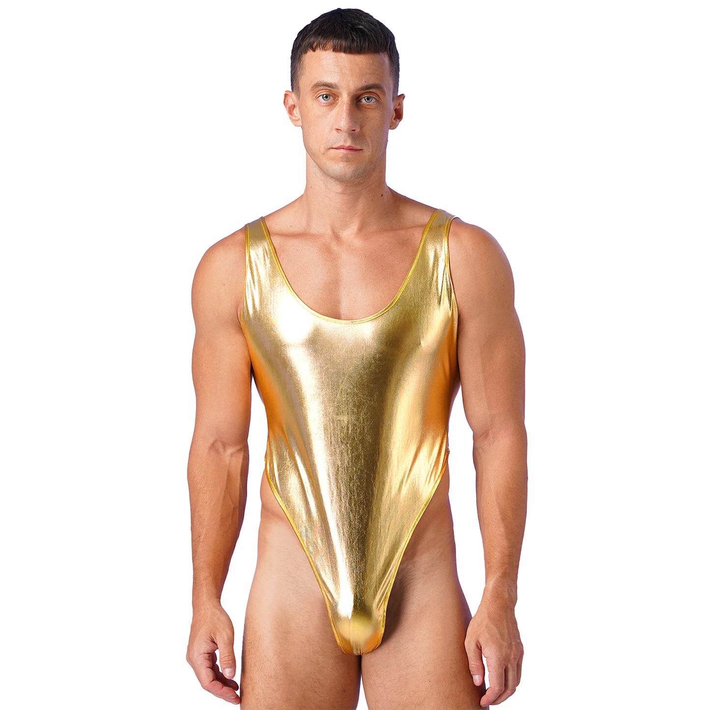 Mens Glossy Bodysuit Fashion One-piece Swimsuit Sleeveless High Cut Wetlook Faux Leather Stretch Leotard Unitard Bathing Suit