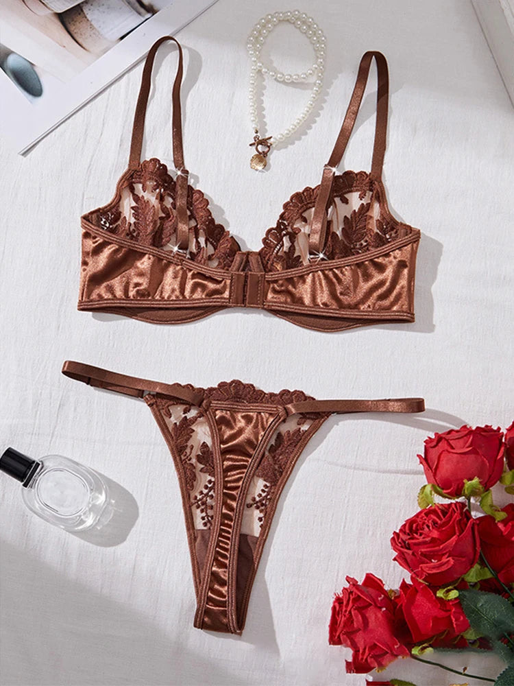 Sexy Lingerie for Women Mesh Embroidery Lingerie Set Three-Point Transparent Underwear Fantasy Female Intimate Erotic Lingerie