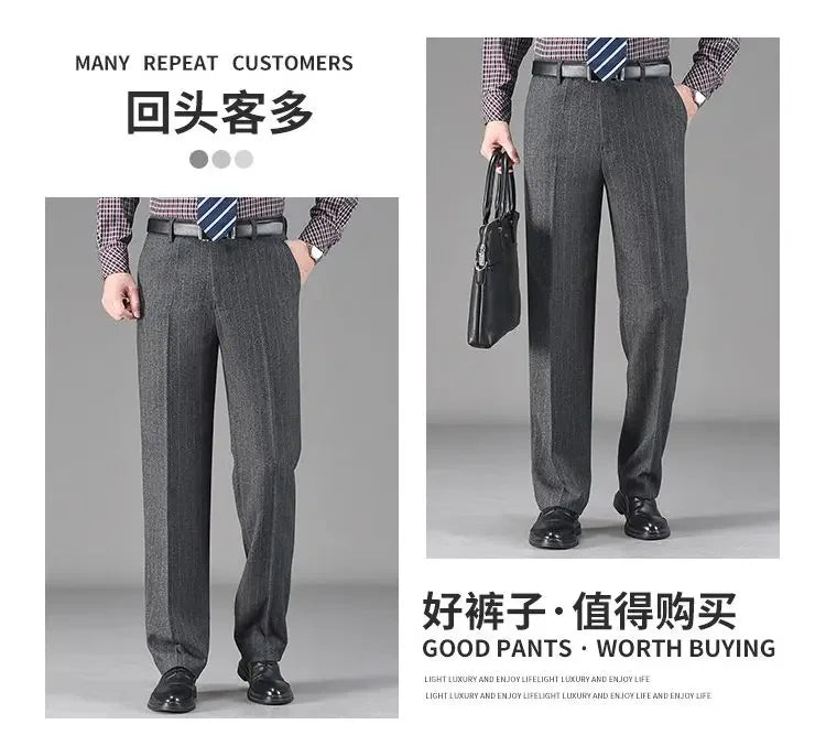 Vintage Autumn Winter Thicken Wool Fleece Suit Pants Men Middle Age High Waist Straight Loose Business Casual Straight Trousers