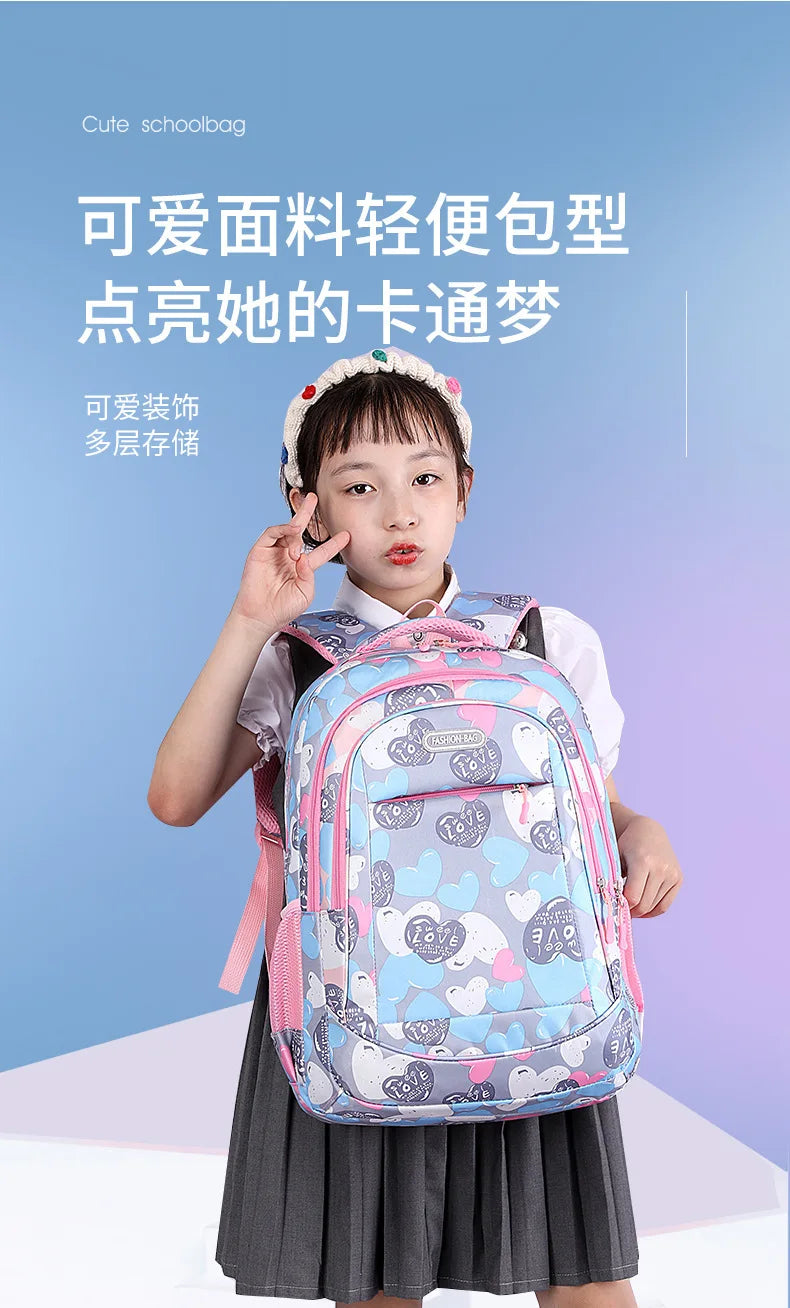 Student Boys And Girls School Bags Love Heart Printed Student Shoulder School Bags 1-6 Grade Light Weight Double  Shoulder Bags