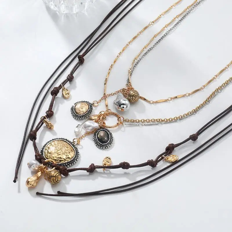 Stylish Women's Bohemian Necklace with Round Coin Badge Pendant; Multi-layer Rope Chain Party Accessory.