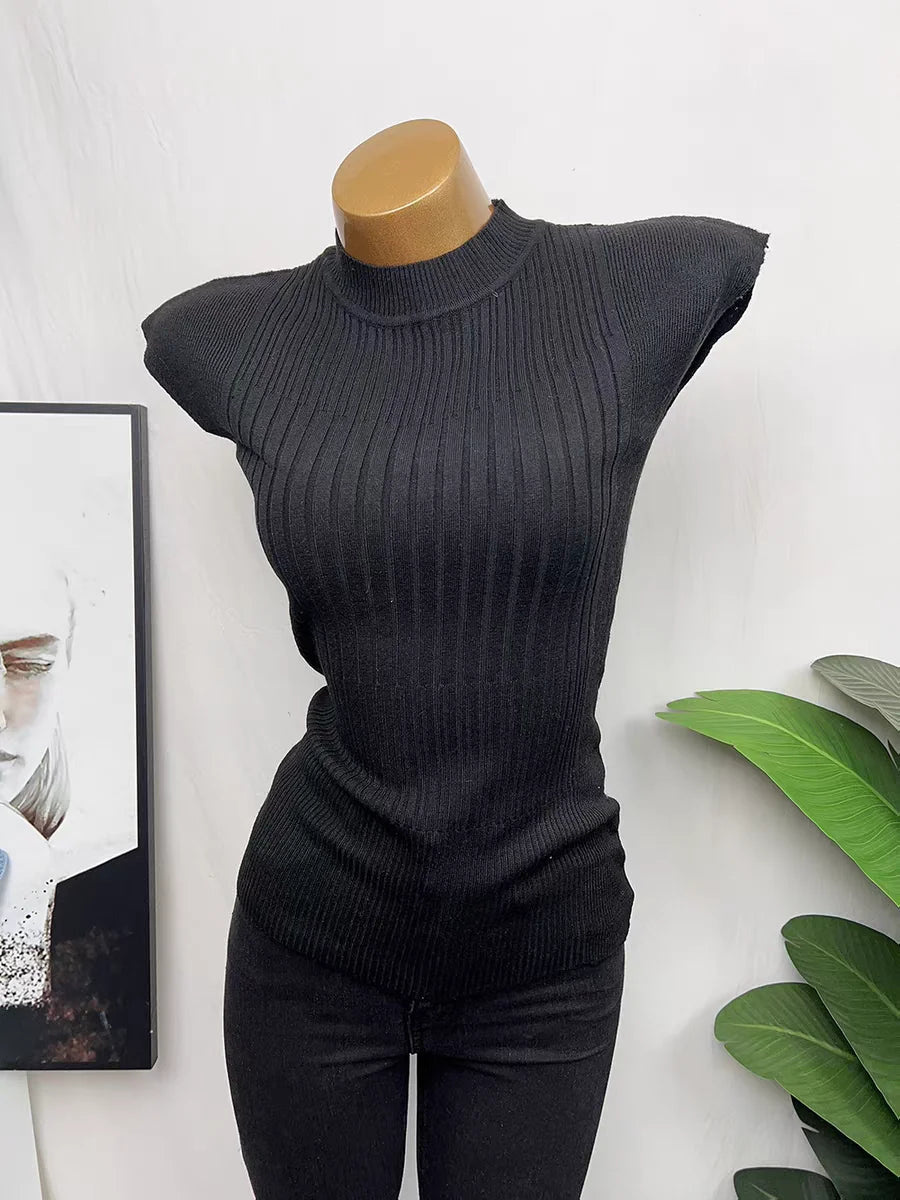 Summer Ribbed Knitted Sexy Women Tops Fashion Turtleneck White Black Tshirt Casual Sleeveless Vest Women's Tank Top Clothing